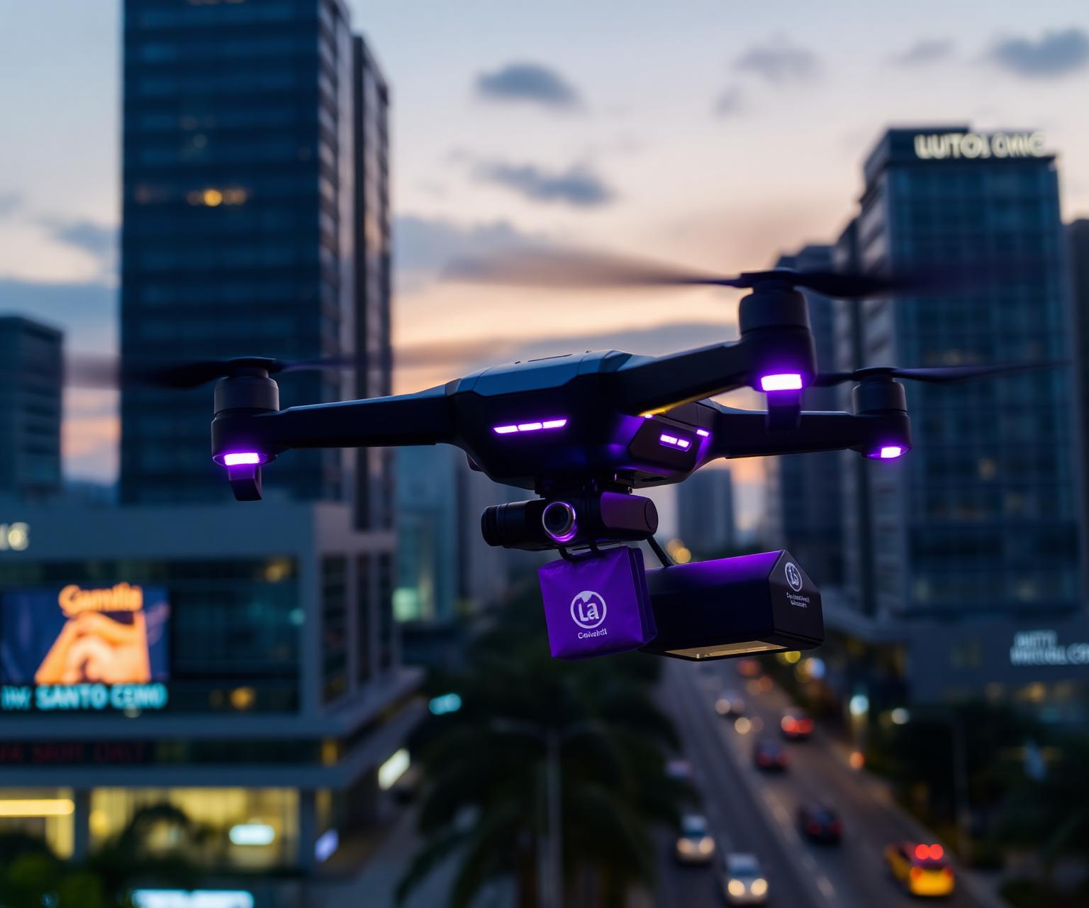Drone CrecerLab volando sobre la Av. Winston Churchill al atardecer