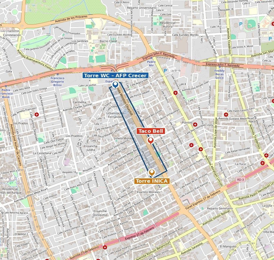 Mapa del corredor aéreo CrecerLab sobre la Av. Winston Churchill, marcando Torre WC, Taco Bell y Torre INICA.